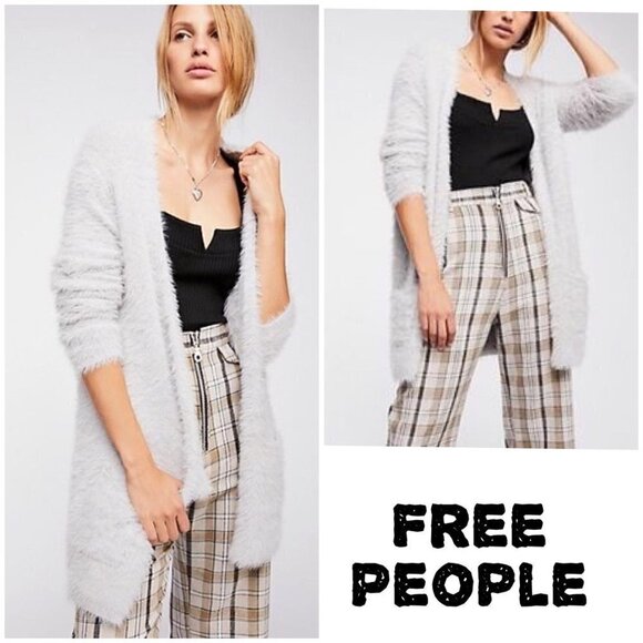 Free People Faux Fur Cardigan super soft silver open front pockets. - Picture 1 of 12